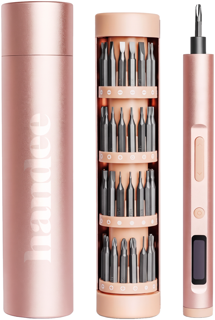 The Handee Fix Kit: a rose pink electric screwdriver, bit holder and engraved case
